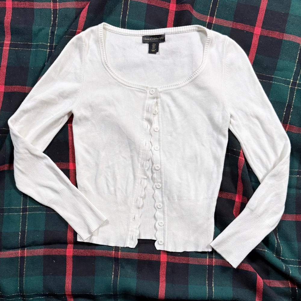 House of Harlow 1960 Scalloped Trim Ribbed Cardigan - Ivory Cream Size S